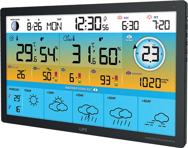 Μετεωρολογικός σταθμός 15,5'' με πενθήμερη πρόβλεψη καιρού, ασύρματο εξωτερικό αισθητήρα, ρολόι και ξυπνητήρι