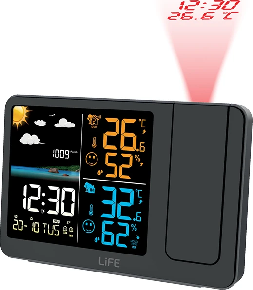 Μετεωρολογικός σταθμός με πρόβλεψη καιρού, ασύρματο εξωτερικό αισθητήρα, ρολόι, ξυπνητήρι και απεικόνιση σε τοίχο