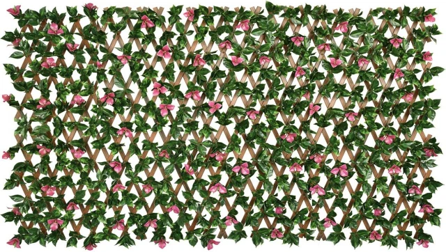 Συνθετική φυλλωσιά με ξύλινη πέργκολα 0,9x1,8m πράσινη με άνθη μπουκαμβίλιας